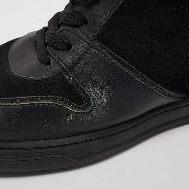 Pre Owned Louis Vuitton Black Leather and Patent Leather High Top Sneakers Size 38.5