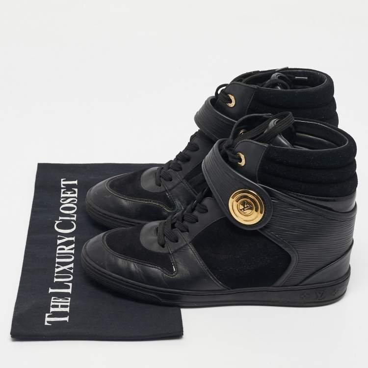 Pre Owned Louis Vuitton Black Leather and Patent Leather High Top Sneakers Size 38.5