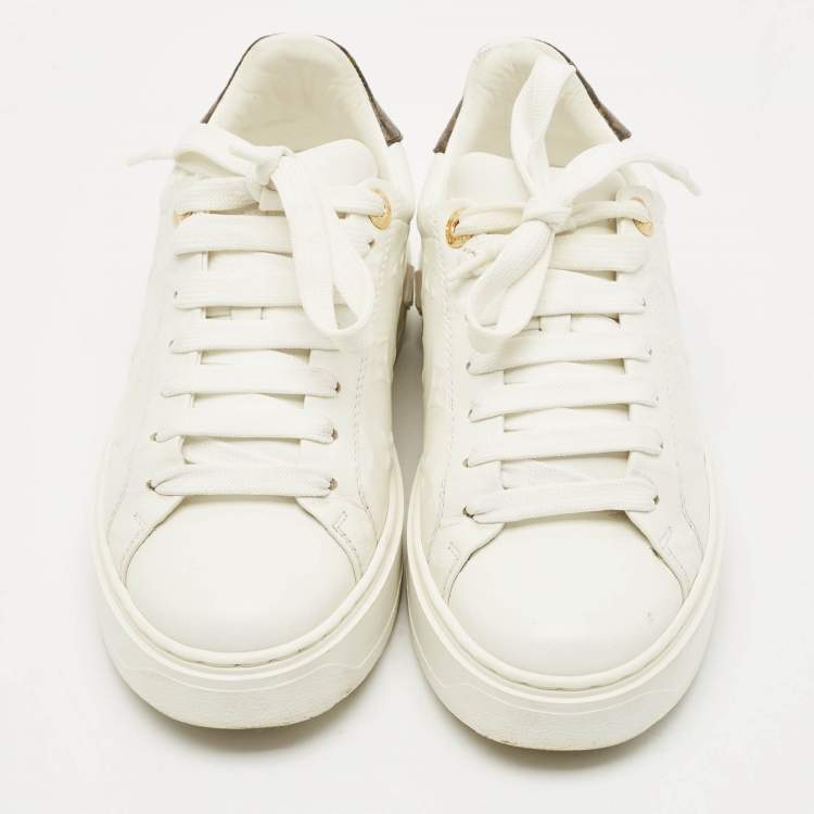 Pre Owned Louis Vuitton White Embossed Monogram Leather Time Out Low Top Sneakers Size 36