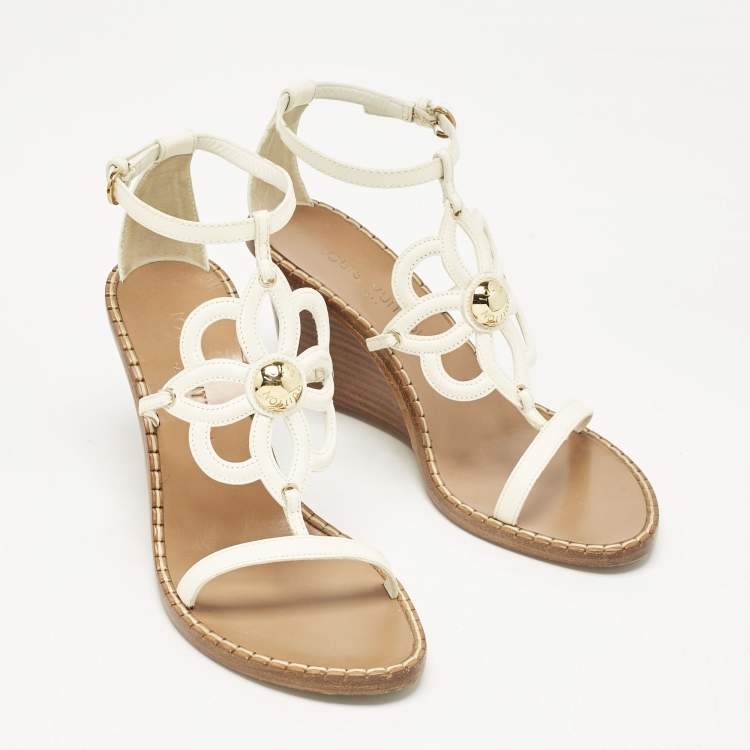 Pre Owned Louis Vuitton White Leather Gloss Wedge Sandals Size 37.5