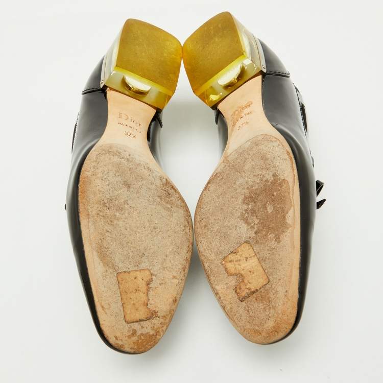 Pre Owned Dior Black Patent Leather Bow Slip On Loafer Pumps Size 37.5