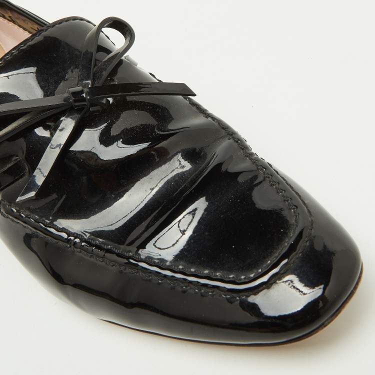 Pre Owned Dior Black Patent Leather Bow Slip On Loafer Pumps Size 37.5