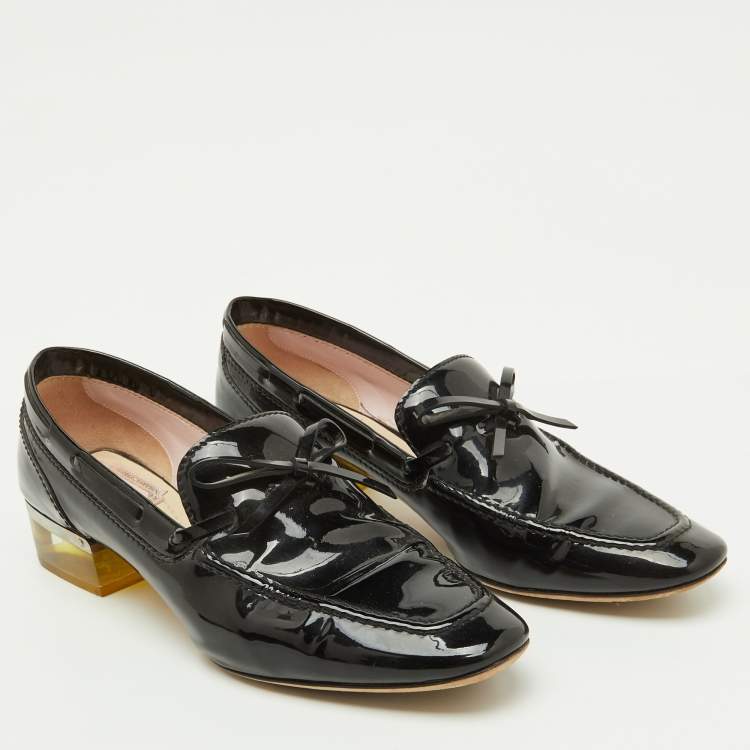 Pre Owned Dior Black Patent Leather Bow Slip On Loafer Pumps Size 37.5