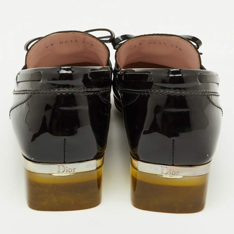 Pre Owned Dior Black Patent Leather Bow Slip On Loafer Pumps Size 37.5
