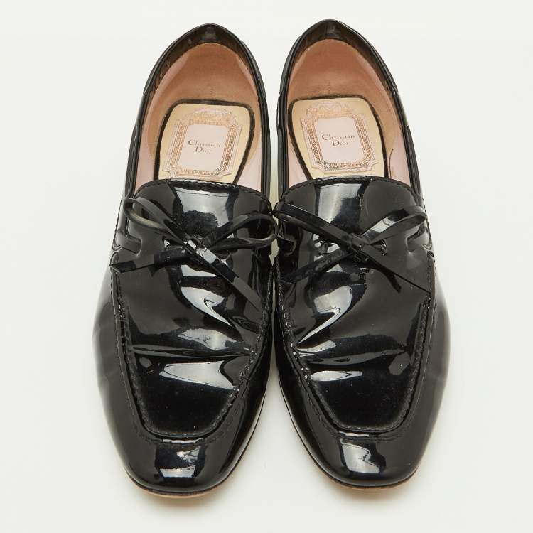 Pre Owned Dior Black Patent Leather Bow Slip On Loafer Pumps Size 37.5