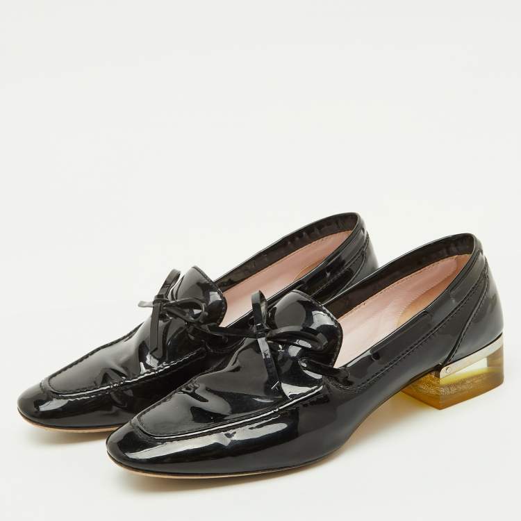 Pre Owned Dior Black Patent Leather Bow Slip On Loafer Pumps Size 37.5