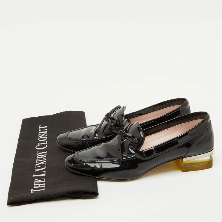 Pre Owned Dior Black Patent Leather Bow Slip On Loafer Pumps Size 37.5