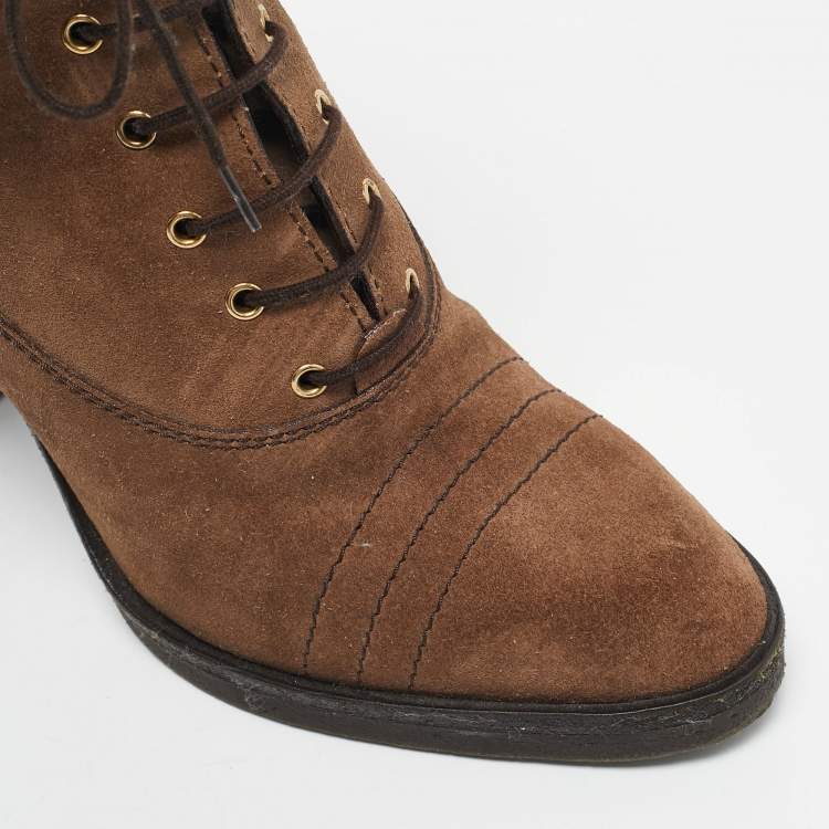 Pre Owned Louis Vuitton Brown Suede Ankle Length Boots Size 39.5