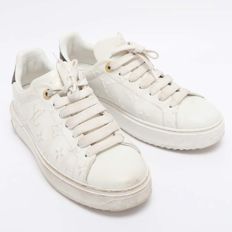 Pre Owned Louis Vuitton White Monogram Debossed Leather Time Out Sneakers Size 38