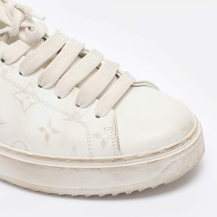 Pre Owned Louis Vuitton White Monogram Debossed Leather Time Out Sneakers Size 38
