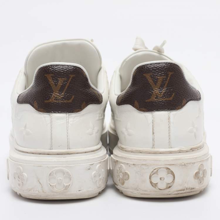 Pre Owned Louis Vuitton White Monogram Debossed Leather Time Out Sneakers Size 38