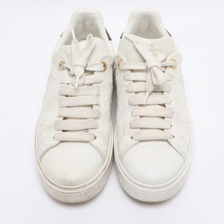 Pre Owned Louis Vuitton White Monogram Debossed Leather Time Out Sneakers Size 38