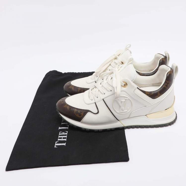 Pre Owned Louis Vuitton White/Brown Mesh and Monogram Canvas Run Away Sneakers Size 38