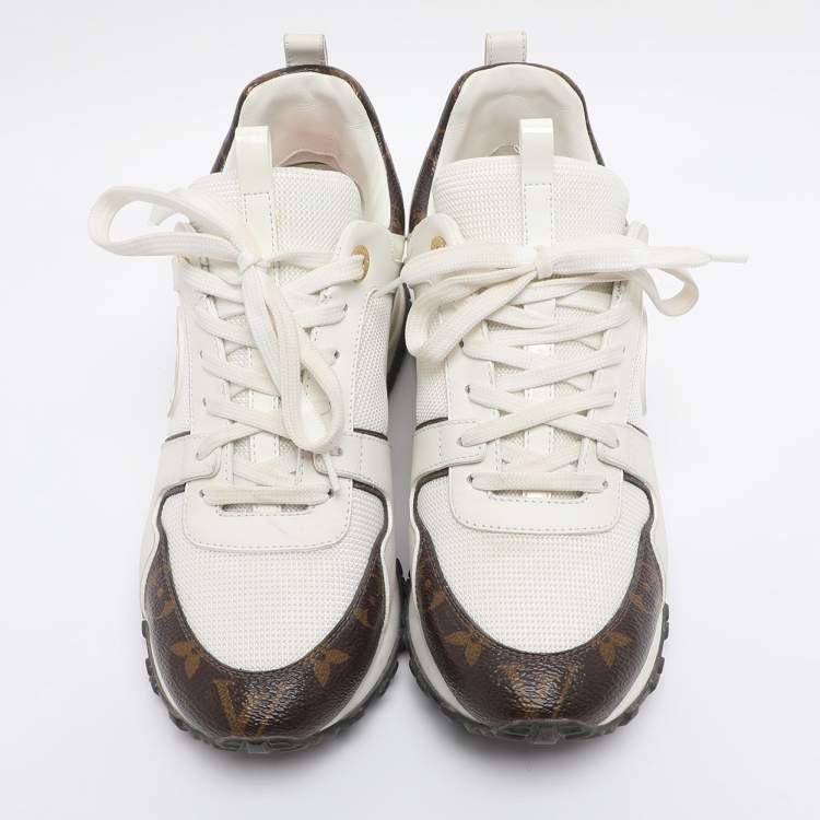 Pre Owned Louis Vuitton White/Brown Mesh and Monogram Canvas Run Away Sneakers Size 38
