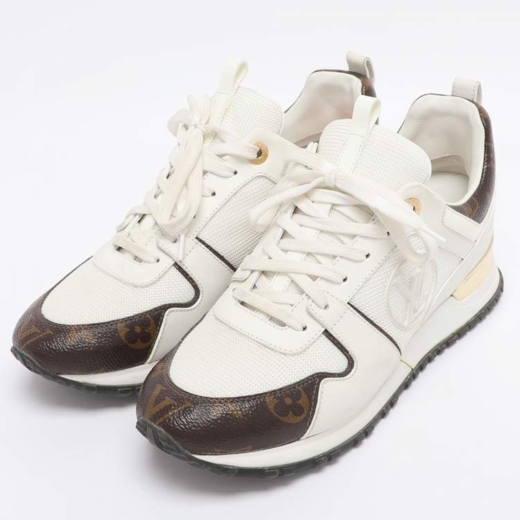 Pre Owned Louis Vuitton White/Brown Mesh and Monogram Canvas Run Away Sneakers Size 38