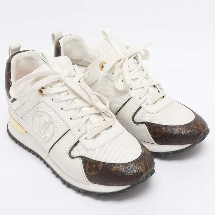 Pre Owned Louis Vuitton White/Brown Mesh and Monogram Canvas Run Away Sneakers Size 38