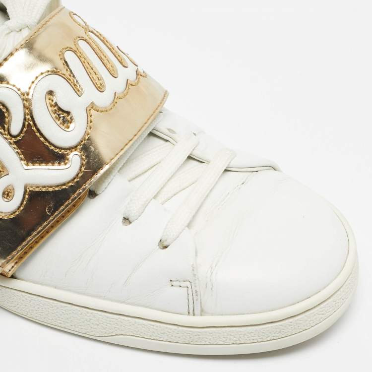 Pre Owned Louis Vuitton White/Gold Leather Frontrow Lace Up Sneakers Size 37.5
