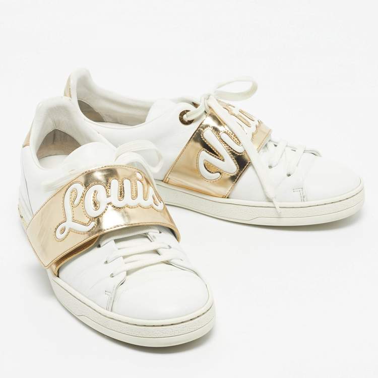 Pre Owned Louis Vuitton White/Gold Leather Frontrow Lace Up Sneakers Size 37.5