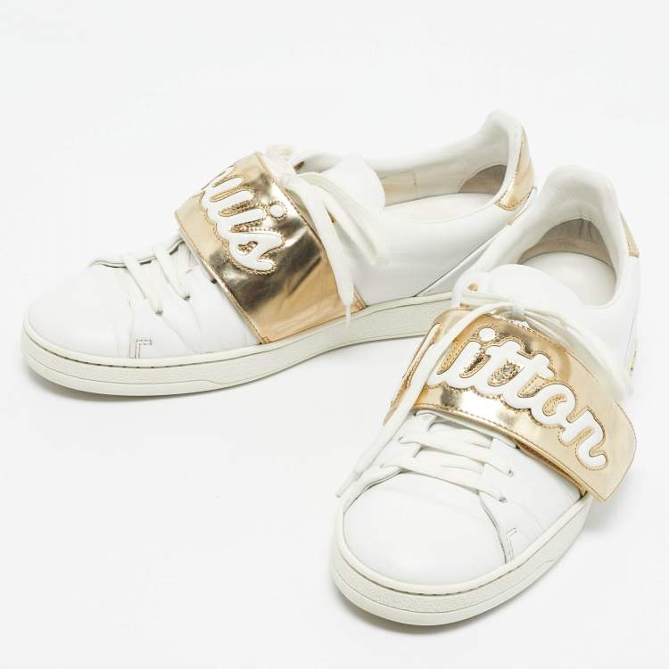 Pre Owned Louis Vuitton White/Gold Leather Frontrow Lace Up Sneakers Size 37.5