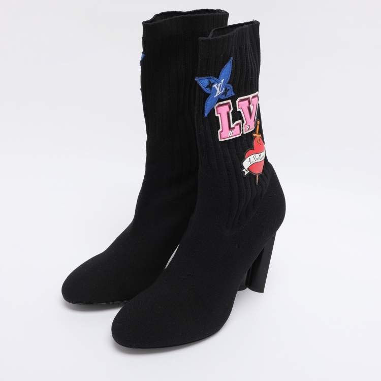 Pre Owned Louis Vuitton Black Knit Fabric LV Black Heart Sock Ankle Boots Size 38.5