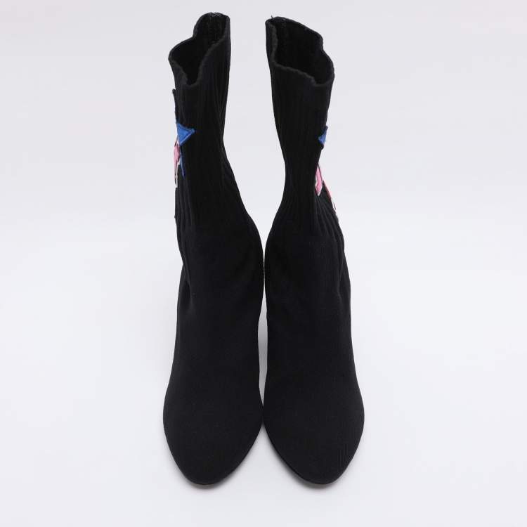 Pre Owned Louis Vuitton Black Knit Fabric LV Black Heart Sock Ankle Boots Size 38.5