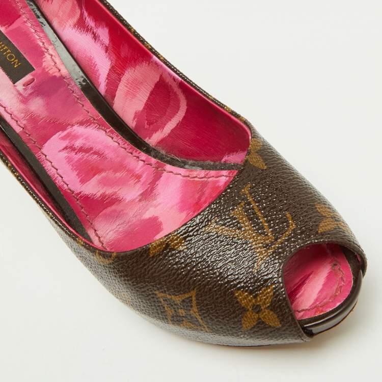 Pre Owned Louis Vuitton Monogram Canvas Rosemary Peep Toe Platform Pumps Size 37.5
