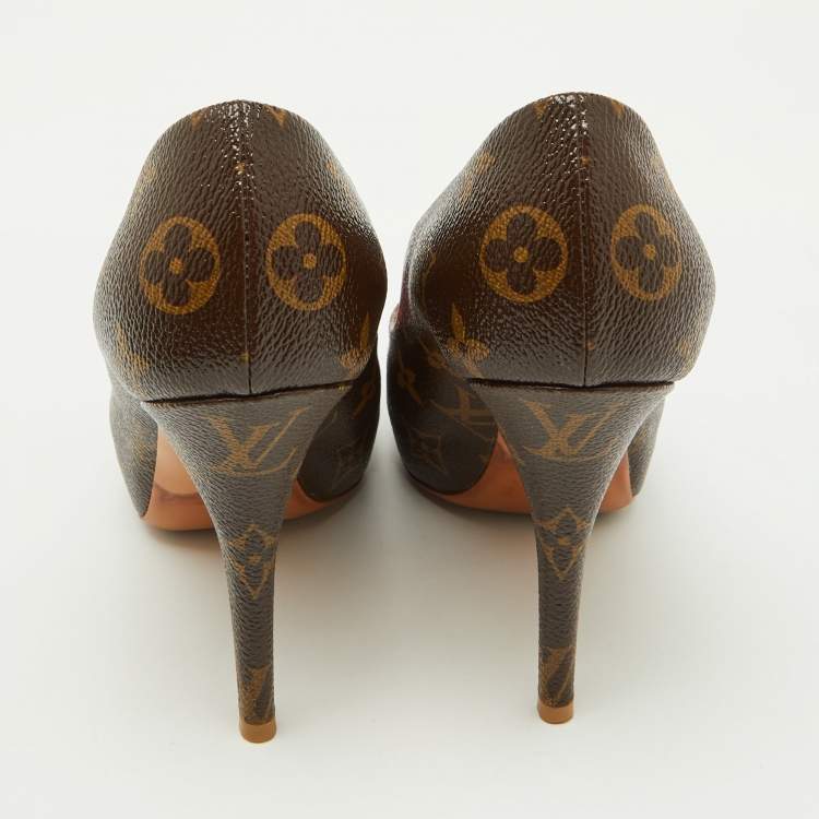 Pre Owned Louis Vuitton Monogram Canvas Rosemary Peep Toe Platform Pumps Size 37.5