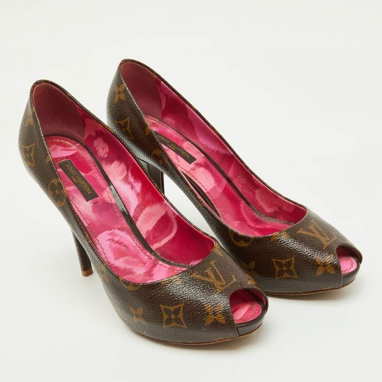 Pre Owned Louis Vuitton Monogram Canvas Rosemary Peep Toe Platform Pumps Size 37.5