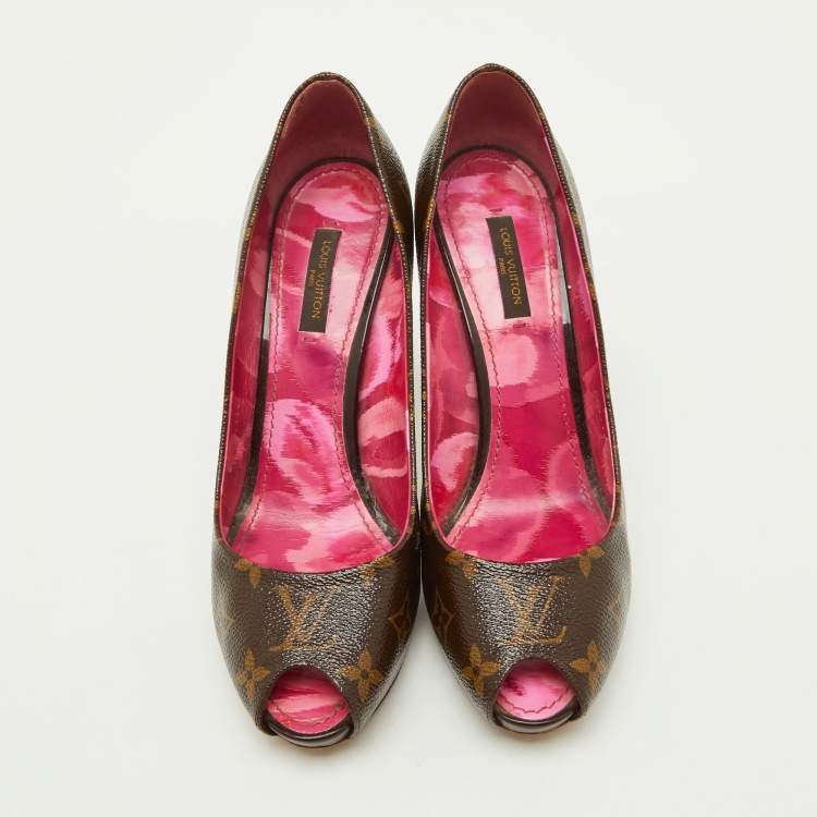 Pre Owned Louis Vuitton Monogram Canvas Rosemary Peep Toe Platform Pumps Size 37.5