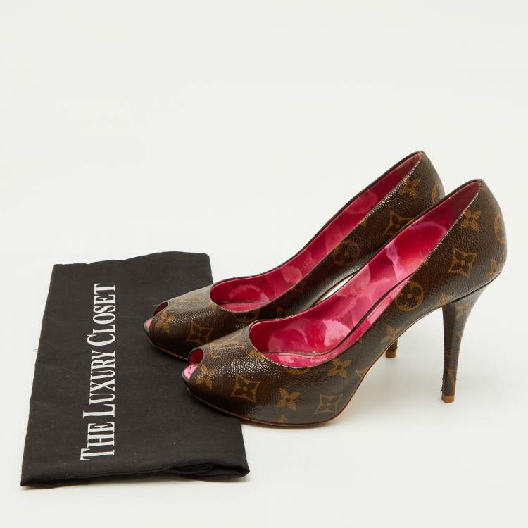 Pre Owned Louis Vuitton Monogram Canvas Rosemary Peep Toe Platform Pumps Size 37.5