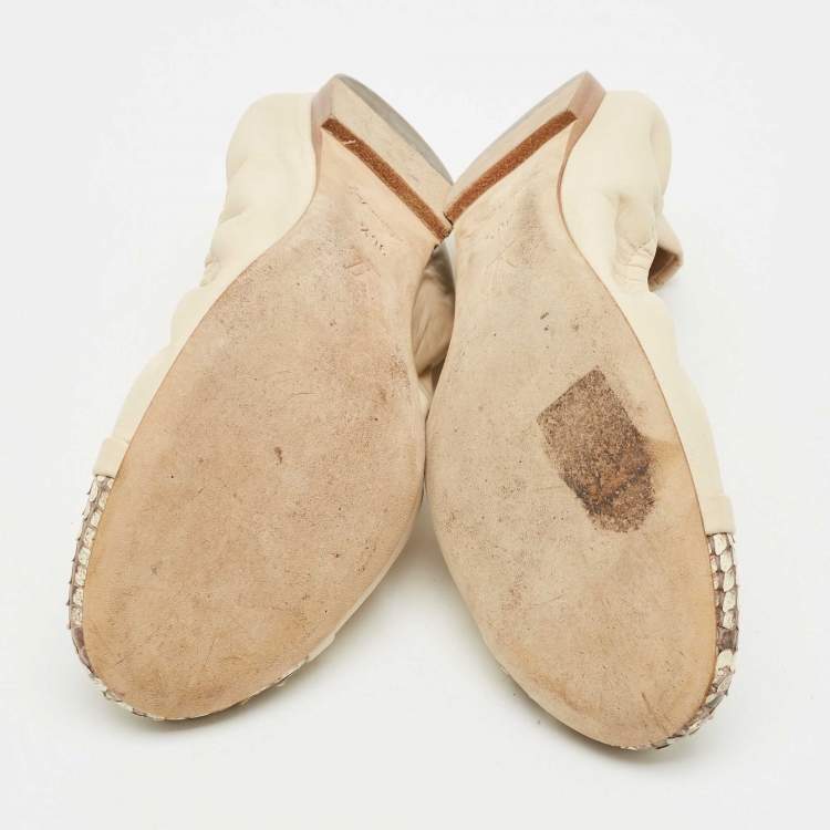 Pre Owned Louis Vuitton Off White Leather and Python Cap Toe Scrunch Ballet Flats Size 36.5