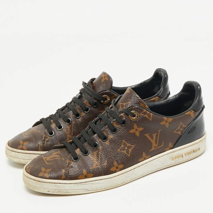 Pre Owned Louis Vuitton Brown/Black Monogram Canvas And Patent Leather Frontrow Low Top Sneakers Size 38
