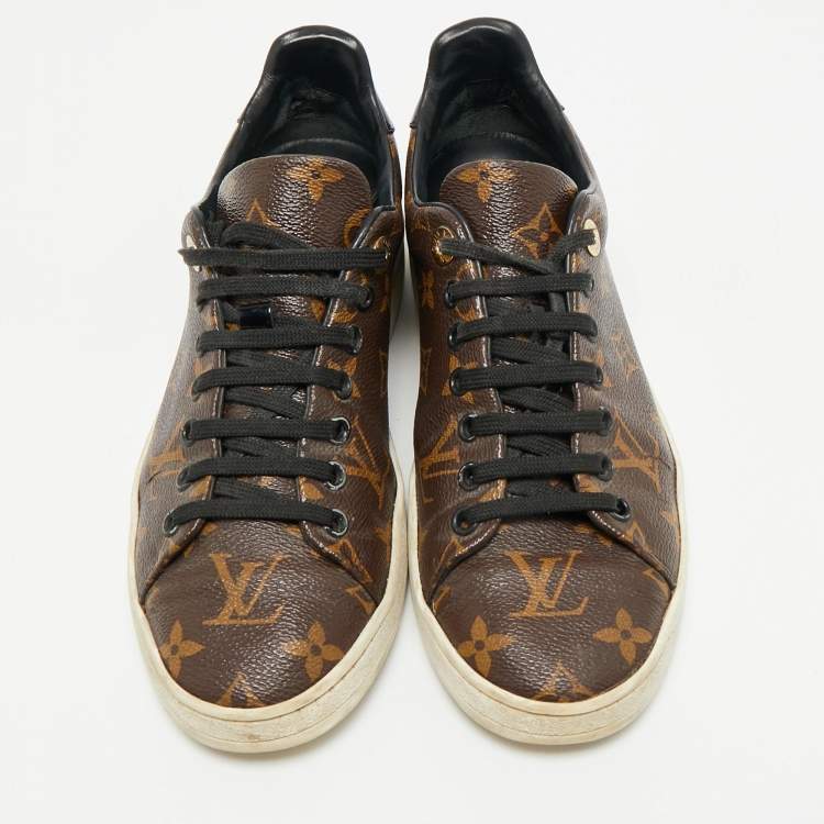 Pre Owned Louis Vuitton Brown/Black Monogram Canvas And Patent Leather Frontrow Low Top Sneakers Size 38