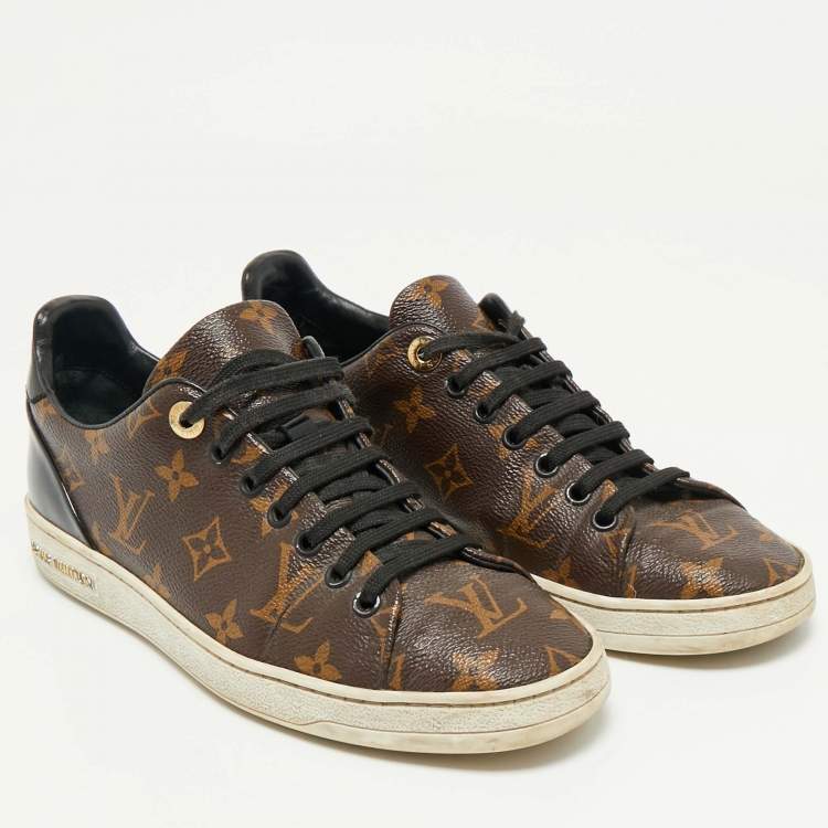 Pre Owned Louis Vuitton Brown/Black Monogram Canvas And Patent Leather Frontrow Low Top Sneakers Size 38