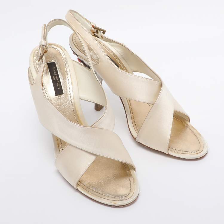 Pre Owned Louis Vuitton Cream Satin Cross Strap Embellished Heel Slingback Sandals Size 38.5