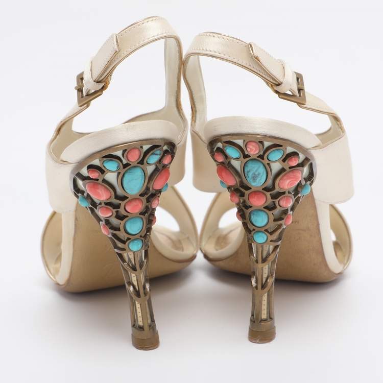 Pre Owned Louis Vuitton Cream Satin Cross Strap Embellished Heel Slingback Sandals Size 38.5