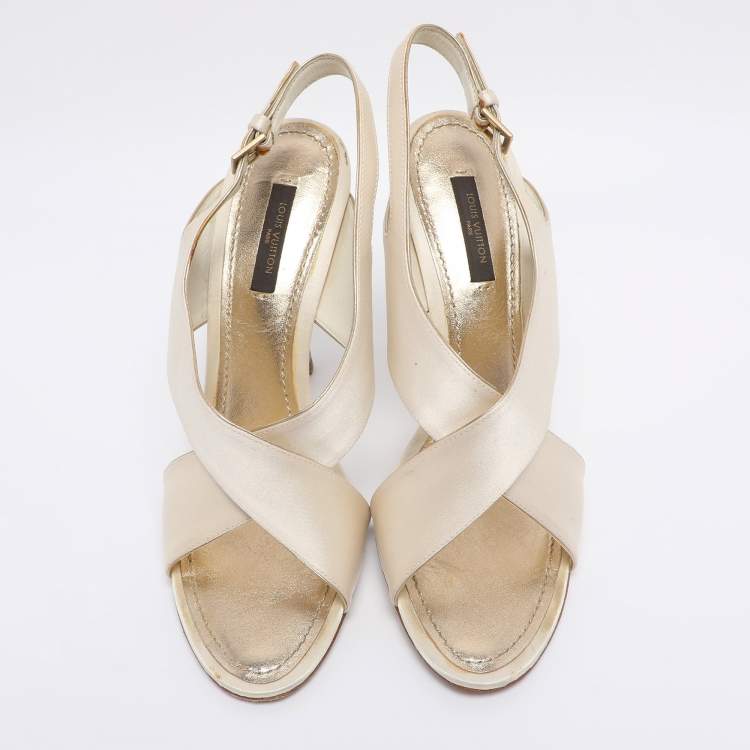 Pre Owned Louis Vuitton Cream Satin Cross Strap Embellished Heel Slingback Sandals Size 38.5