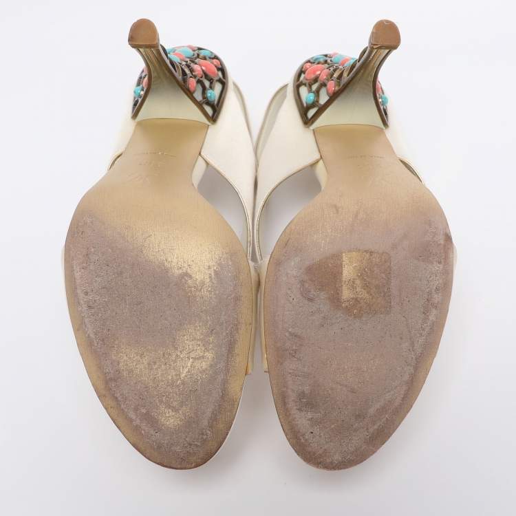 Pre Owned Louis Vuitton Cream Satin Cross Strap Embellished Heel Slingback Sandals Size 38.5