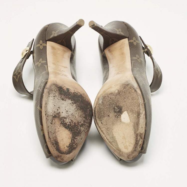 Pre Owned Louis Vuitton Brown Monogram Canvas Ritual Mary Jane Peep Toe Pumps Size 37.5