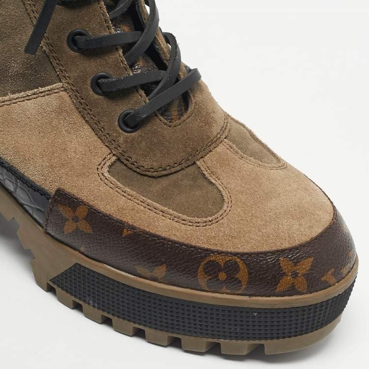 Pre Owned Louis Vuitton Multicolor Croc Embossed Leather and Suede Laureate Ankle Length Boots Size 38.5