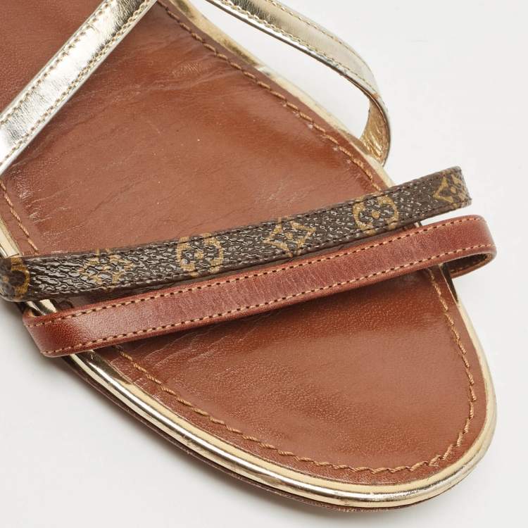 Pre Owned Louis Vuitton Brown Monogram Canvas and Leather Slingback Flat Sandals Size 40