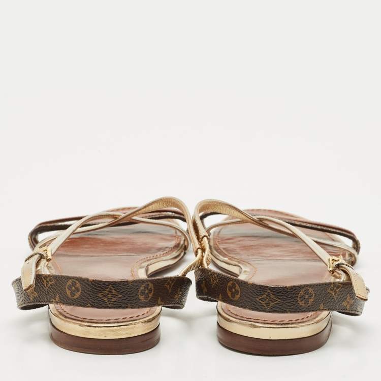 Pre Owned Louis Vuitton Brown Monogram Canvas and Leather Slingback Flat Sandals Size 40