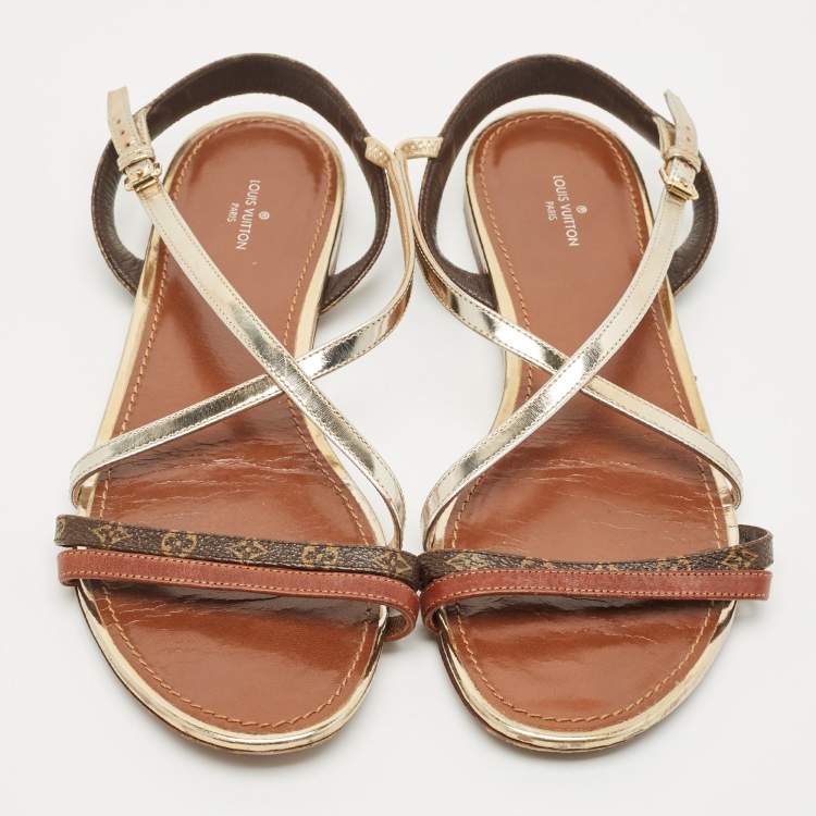 Pre Owned Louis Vuitton Brown Monogram Canvas and Leather Slingback Flat Sandals Size 40