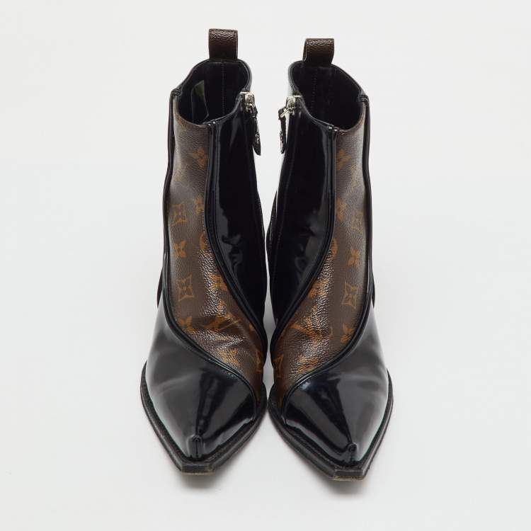 Pre Owned Louis Vuitton Black Patent Leather and Monogram Canvas Matador Ankle Boots Size 36