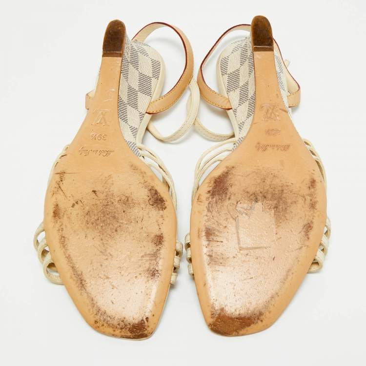 Pre Owned Louis Vuitton Cream Leather and Monogram Canvas Slingback Wedge Sandals Size 39.5