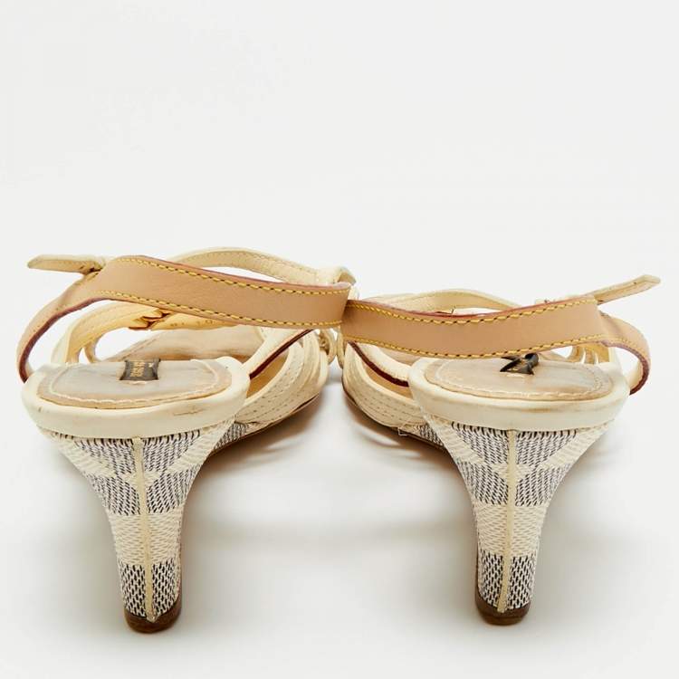 Pre Owned Louis Vuitton Cream Leather and Monogram Canvas Slingback Wedge Sandals Size 39.5