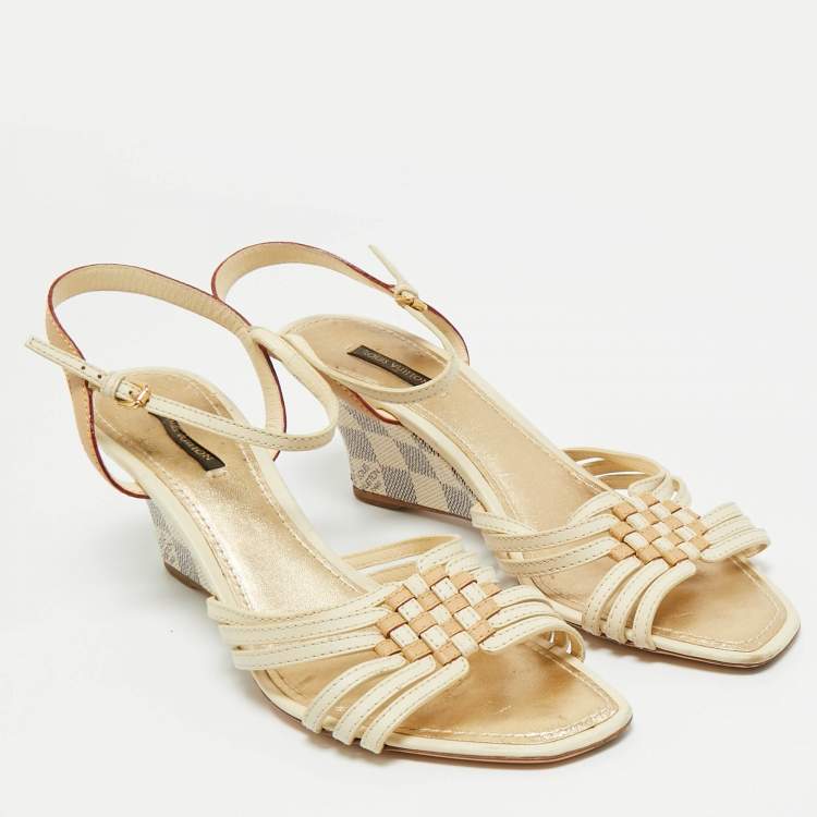 Pre Owned Louis Vuitton Cream Leather and Monogram Canvas Slingback Wedge Sandals Size 39.5