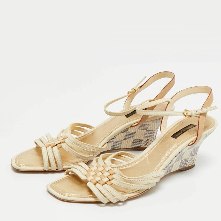 Pre Owned Louis Vuitton Cream Leather and Monogram Canvas Slingback Wedge Sandals Size 39.5