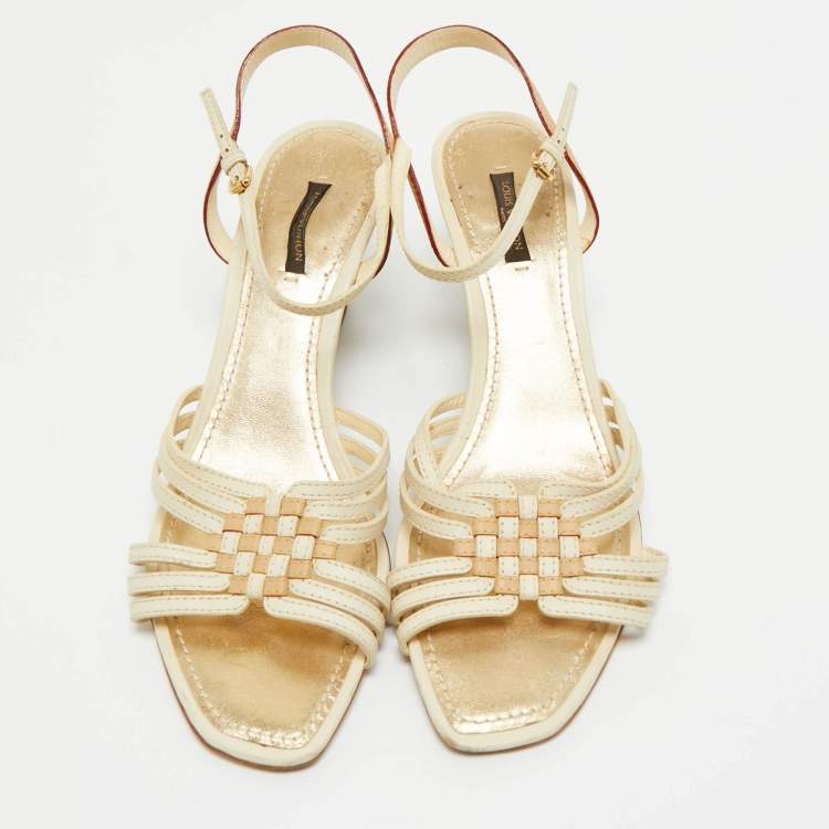 Pre Owned Louis Vuitton Cream Leather and Monogram Canvas Slingback Wedge Sandals Size 39.5