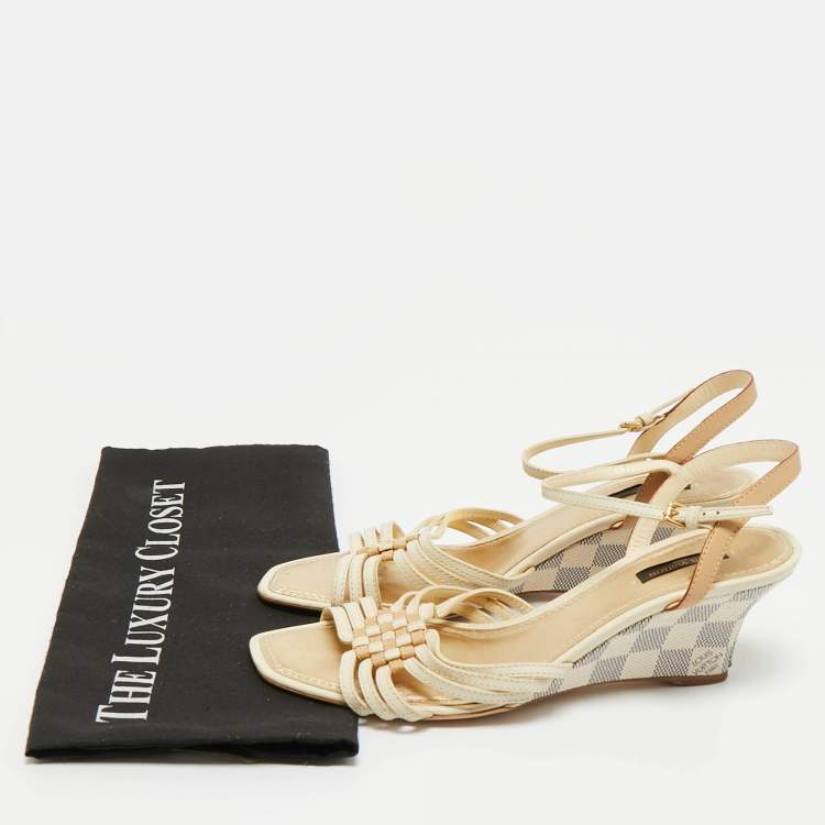 Pre Owned Louis Vuitton Cream Leather and Monogram Canvas Slingback Wedge Sandals Size 39.5